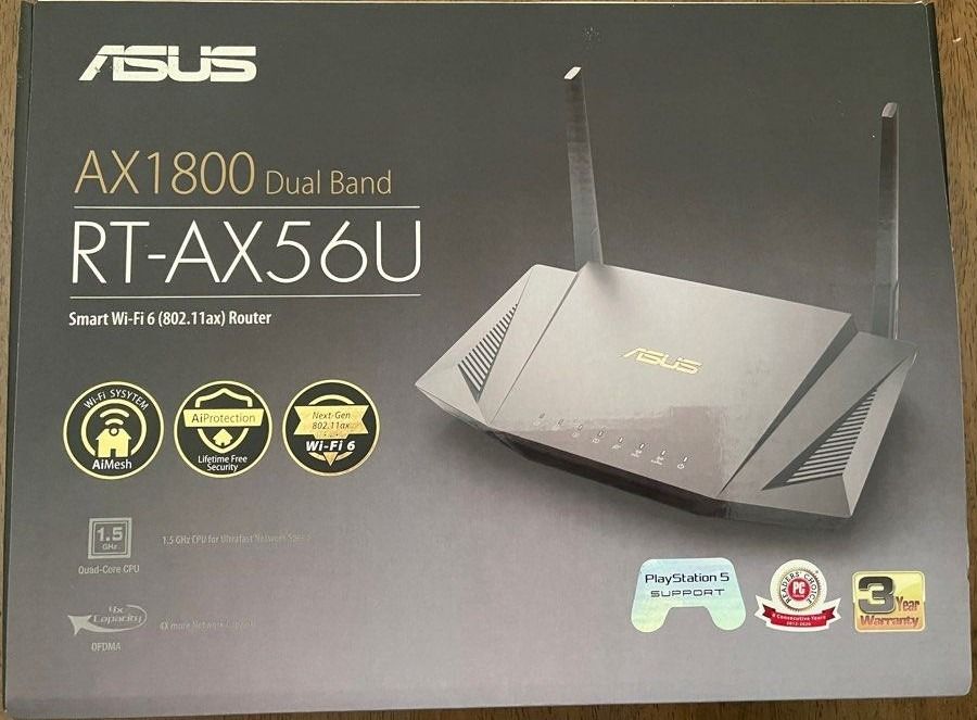 ASUS RT-AX56U AX1800 Dual Band WiFi 6 Router (Category: Networking) located in Singapore. Submitted by helpmebuymyitems (Listing ID 1375988478, Image 1). Description: ASUS RT-AX56U Smart Wi-Fi 6 (802.11ax) Router. AX1800 Dual Band. Features AiMesh, AiProtection, and lifetime free security. Perfect working condition AIMESH compatible + can use as main router No box, no warranty Only router + power adaptor PM me your price. I respect reasonable neg