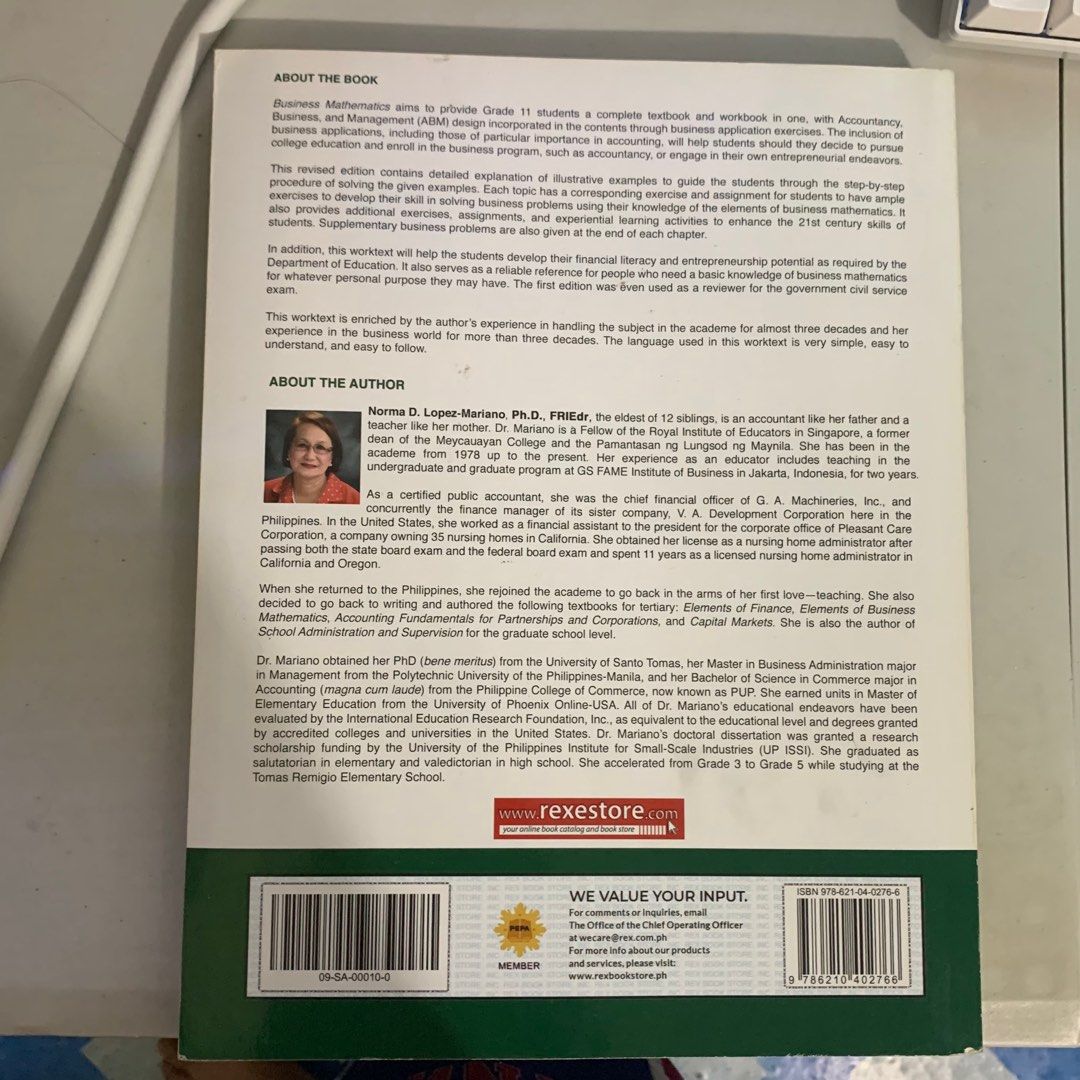 Business Mathematics SHS Book (Category: Textbooks) located in Angeles City. Submitted by nardfits (Listing ID 1375941334, Image 2). Description: Mop Gcash Shipped Thru J&T Express Loc: Angeles City , Pampanga 📍 Add Shipping fee ₱54-100 depends on location.