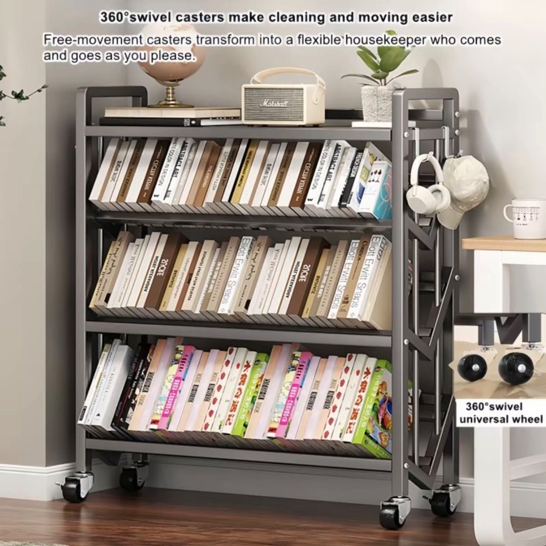 Modern Aesthetic Bookshelf Rack | Rolling Book Shelf With Wheels | Open ...