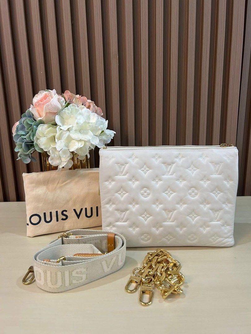 L V Coussin PM Bag (Category: Luxury Bags & Wallets) located in Manila. Submitted by bagislifeshop (Listing ID 1376011431, Image 1). Description: ☑️Available in Pampanga ✅Date code: Microchipped ✅Condition: 8.8/10 ✅Material: Monogram embossed puffy lambskin ✅Colour: Creme in GHW ✅Size: 26 x 20 x 12 cm ✅Inclusions: Dustbag, long strap and chain strap .