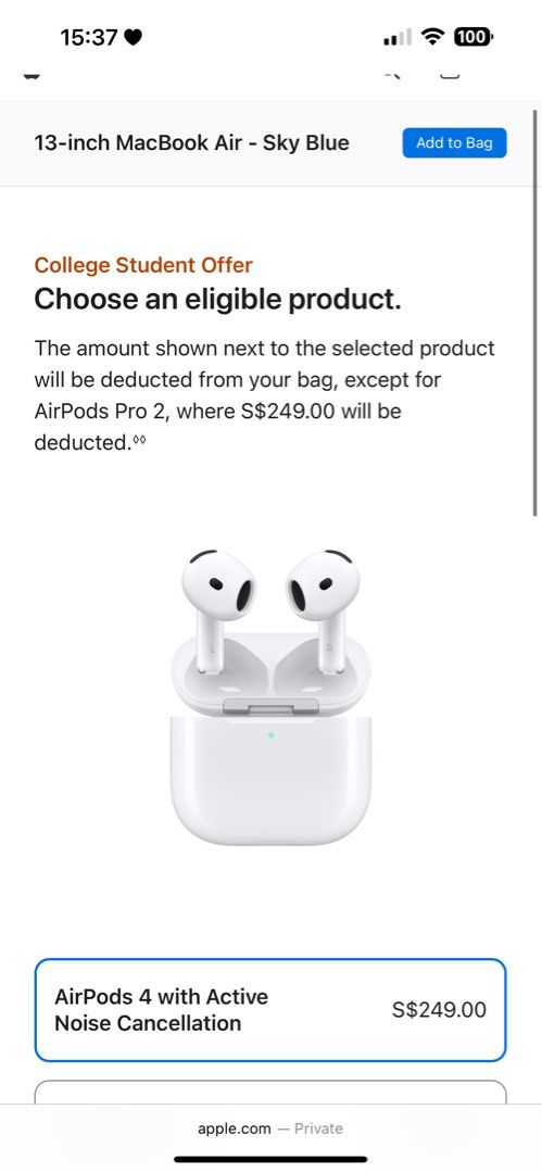 Macbook Student Discount (Category: Laptops & Notebooks) located in Singapore. Submitted by cinnamonrolrllro (Listing ID 1375913904, Image 3). Description: FREE AIRPODS / PENCIL PROMO ENDS 30/9 ! Price will be $1349+$19 = $1368 (for a new Macbook Air M4) + Free Airpods / Pencil can collect at Applestore on their available dates Checkout with your own AppleID to make payments Get $150 off your MacBook Air M4 (NEW) / MacBook Pro M4 Chip or M4 Pro o