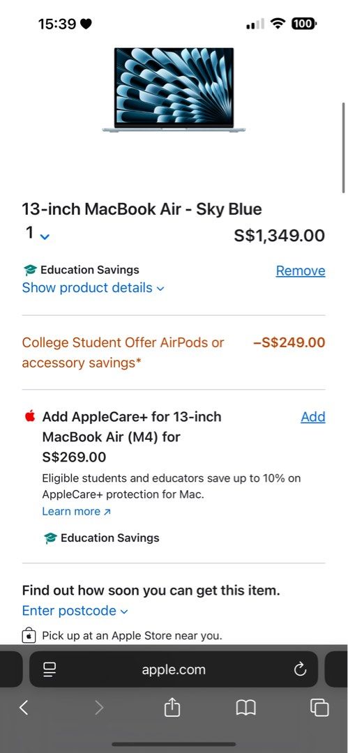 Macbook Student Discount (Category: Laptops & Notebooks) located in Singapore. Submitted by cinnamonrolrllro (Listing ID 1375913904, Image 2). Description: FREE AIRPODS / PENCIL PROMO ENDS 30/9 ! Price will be $1349+$19 = $1368 (for a new Macbook Air M4) + Free Airpods / Pencil can collect at Applestore on their available dates Checkout with your own AppleID to make payments Get $150 off your MacBook Air M4 (NEW) / MacBook Pro M4 Chip or M4 Pro o