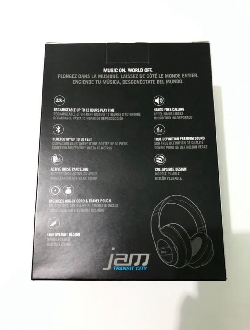 NEW Jam Transit City Wireless Bluetooth Headphones (Category: Headphones & Headsets) located in Singapore. Submitted by chrissellery (Listing ID 1376015974, Image 2). Description: Jam Transit City wireless headphones. Features Bluetooth connectivity up to 30 feet, active noise cancelling, and a collapsible design. Includes an in-ear cord and travel pouch. Rechargeable battery offers up to 12 hours of playtime. Lightweight and comfortable..