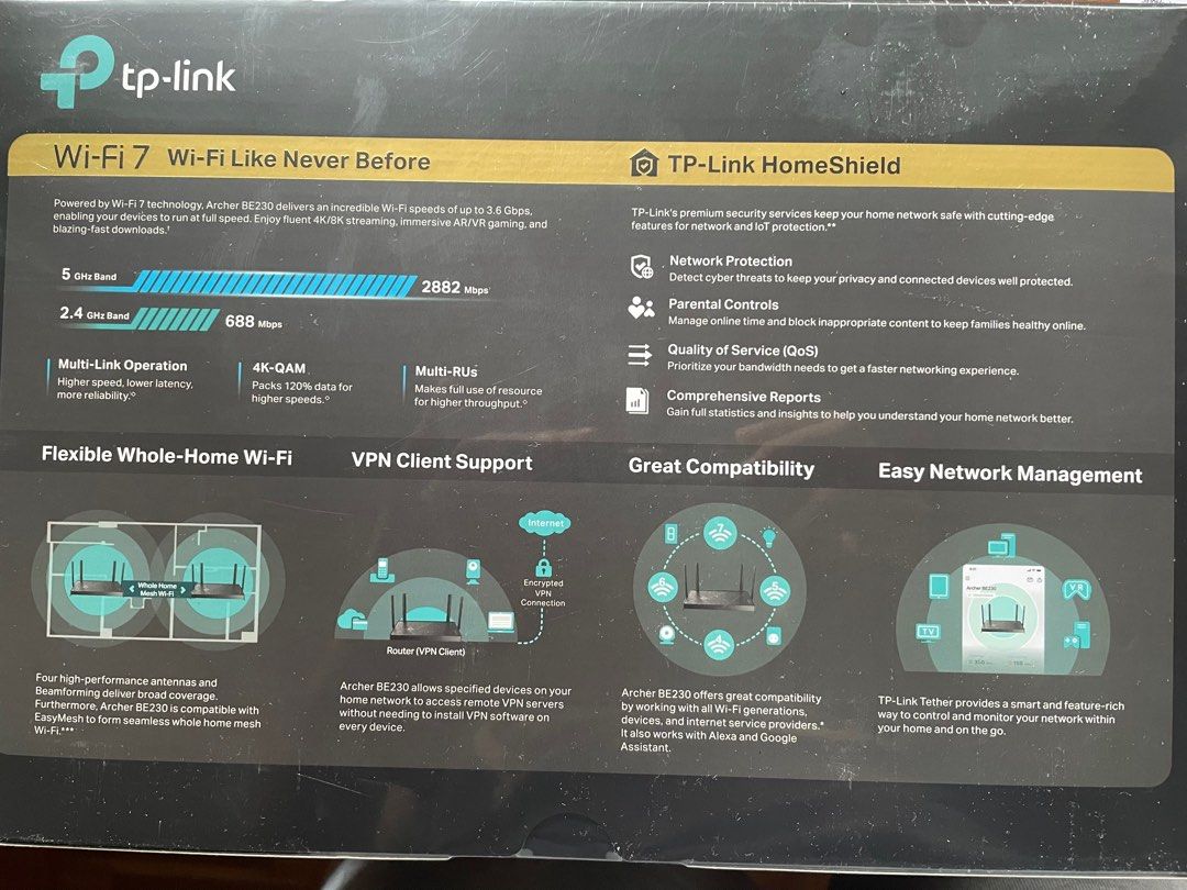 TP-Link Archer BE3600 Wi-Fi 7 Router (BE230) (Category: Networking) located in Singapore. Submitted by nikos76 (Listing ID 1375841930, Image 3). Description: Brand New, Sealed in Box. Reason for selling: received from Broadband supplier for recontracting, but I will still use my old router. TP-Link Archer BE3600 Dual-Band Wi-Fi 7 Router. Offers lightning-fast speeds up to 2.5Gbps. Features 2+3 multi-gig ports for wired connections and far-reachin