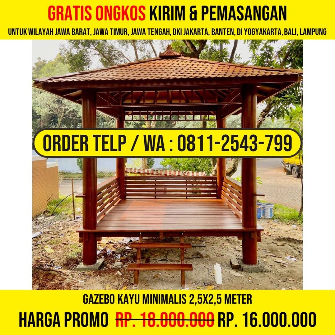 WA : 0811-2543-799, Gazebo Restaurant 2,5x2,5 Atap Sirap Ulin, Lamongan (Kategori: Furnitur Antik) berada di Jakarta Barat. Dikirim oleh lastanilay73700 (ID iklan 1375842660, Gambar 1). Deskripsi: HP/WA: 0811-2543-799, Kami Adalah Produsen Gazebo Kayu, Rumah Kayu, Gazebo Minimalis, Rumah Kayu Minimalis, Gazebo Murah, Rumah Kayu Modern, Gazebo Taman, Gazebo Jepara, Gazebo Gardens, Rumah Kayu Knockdown. Detail Produk : * Bahan Kayu Berkualitas * Uk