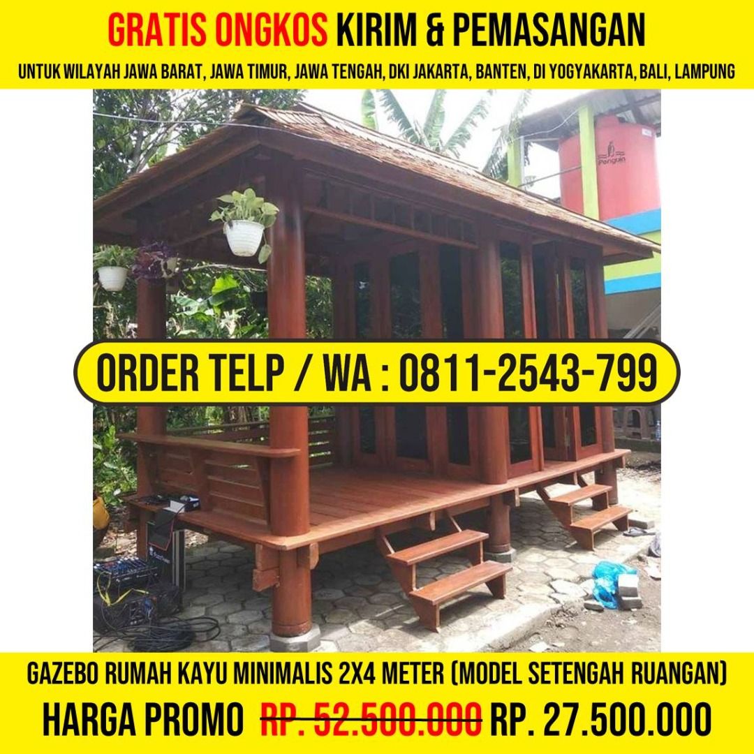WA : 0811-2543-799, Rumah Kayu Gazebo Taman 2x4 Atap Sirap Ulin, Lumajang (Kategori: Furnitur Antik) berada di Jakarta Barat. Dikirim oleh selmamujay64356 (ID iklan 1375855105, Gambar 2). Deskripsi: HP/WA: 0811-2543-799, Kami Adalah Produsen Gazebo Kayu, Rumah Kayu, Gazebo Minimalis, Rumah Kayu Minimalis, Gazebo Murah, Rumah Kayu Modern, Gazebo Taman, Gazebo Jepara, Gazebo Gardens, Rumah Kayu Knockdown. Detail Produk : * Bahan Kayu Berkualitas * 