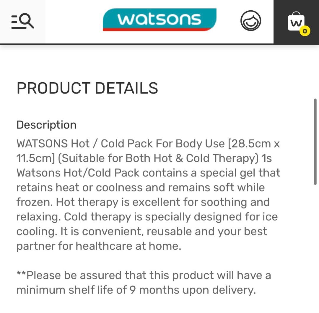 Watsons hot / cold therapy body pack reusable for pain swelling muscle ache stiffness with special gel healthcare soothing relax freezable heatable care period cramps headache pack (Category: Medical Supplies & Tools) located in Singapore. Submitted by peachiefluff (Listing ID 1375899325, Image 2). Description: 👍🏻 Brand new in box (BNIB). Never used. Bought extra hence selling ✨ Size 28.5cm x 11.5cm 💌 Super useful. Can be used for hot therapy 