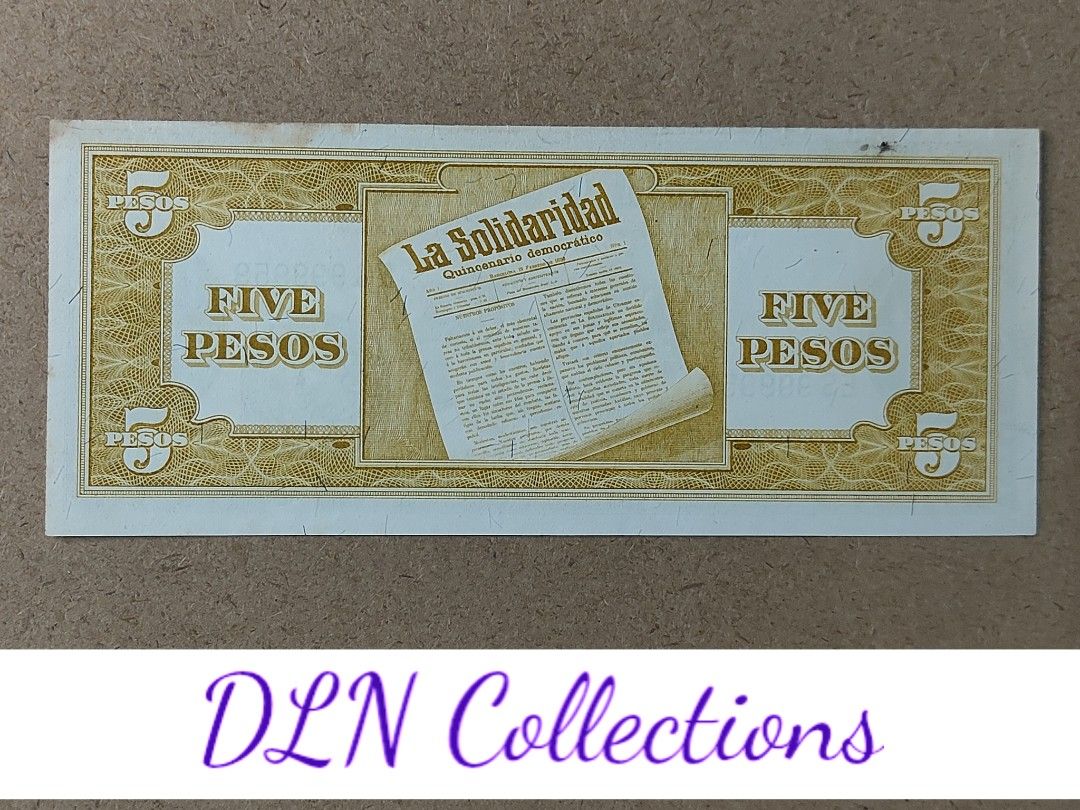 1951 5 Pesos English banknote - Almost Solid 9 (Category: Currency) located in Cavite. Submitted by dln_collections (Listing ID 1376162346, Image 2). Description: This 5 pesos English note with almost solid 9 serial does not have folds but with stain on the upper edge of the note. Combining a rare serial number with a discontinued series that was demonetized in 1974, this note is a standout in any collection. Whether you're a seasoned numismatist