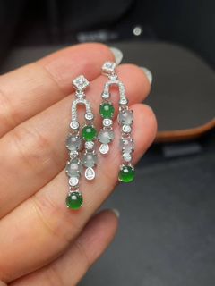 天然A貨翡翠銀鑲冰綠高冰蛋面流蘇耳墜耳飾64225028859395110