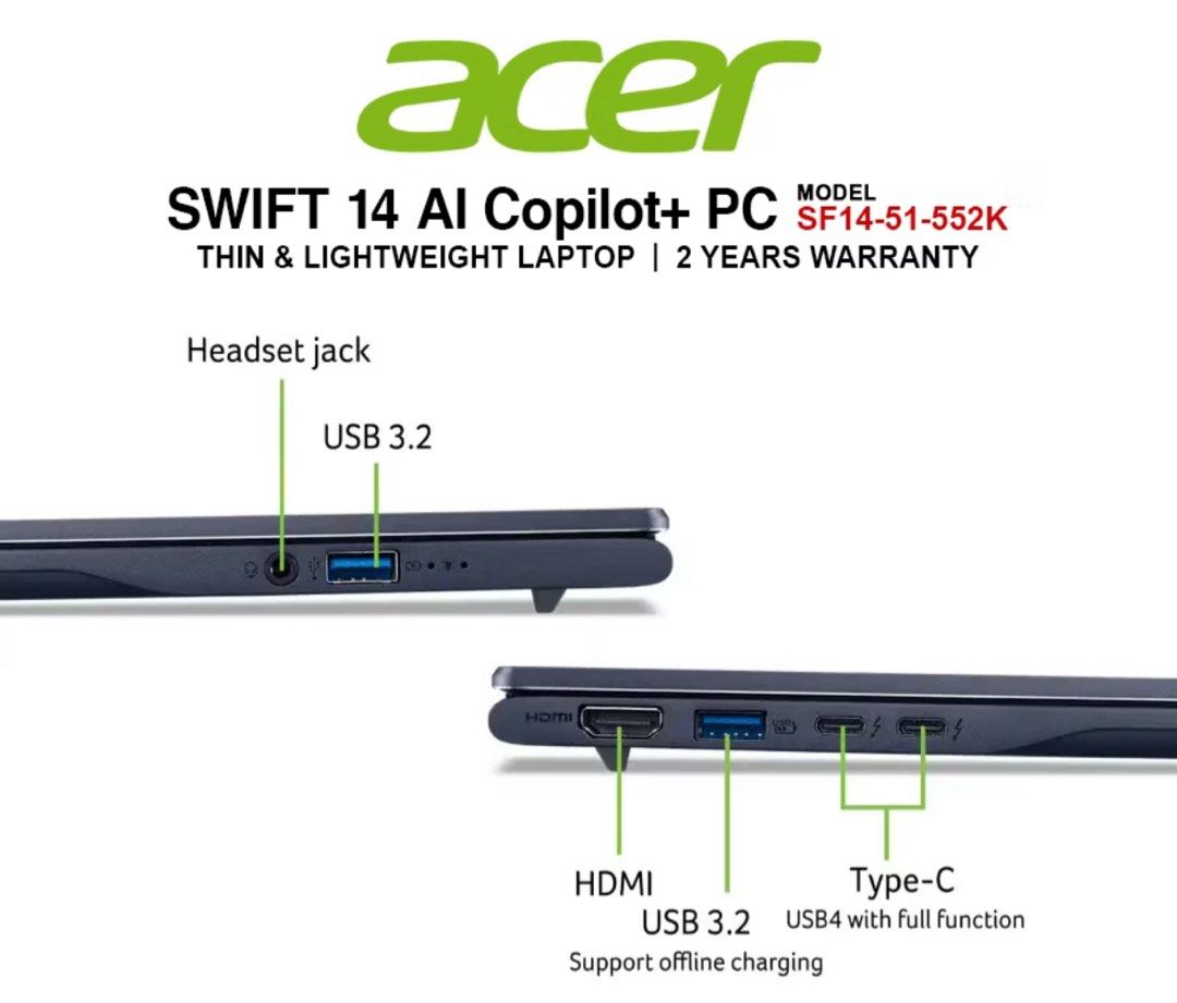 ACER SWIFT 14 AI CO PILOT (SF14-51552K) (Category: Laptops & Notebooks) located in Singapore. Submitted by chiamzhilinn (Listing ID 1376097601, Image 2). Description: Colour: Stream Blue Brand new in box, yet to open Usual Price; $1,699 Letting go at $1500 (if you’ve found a lower deal, please let me know, I can match).