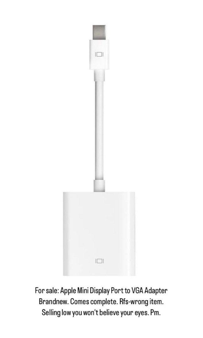 Apple Mini Display Port to VGA Adapter (Category: Cables & Adaptors) located in Quezon City. Submitted by julyglori62956 (Listing ID 1376204787, Image 1). Description: Brandnew, Original and Authentic Apple Mini Display Port to VGA Adapter Comes complete with receipt Selling very low.