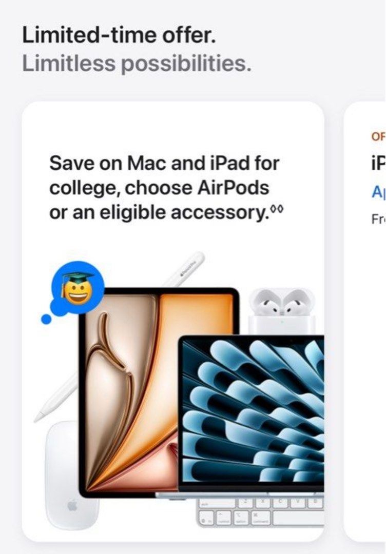 Apple Student Discount (Category: Laptops & Notebooks) located in Singapore. Submitted by mymelody9 (Listing ID 1376134136, Image 1). Description: Promo ends until 30/9 im offering my student discount for $19 with this discount u can get macbook at $150 off 😉 a free + airpods / apple pencil for you ! can select same day pickup or delivery !.