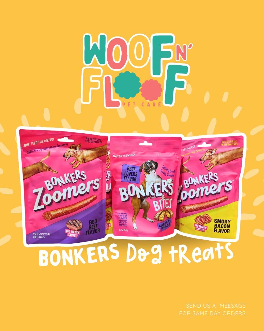 Bonkers Dog Zoomers Soft & Chewy Dog Treats and Bonkers Cat Treats (Category: Pet Food) located in Quezon City. Submitted by woofnfloofph (Listing ID 1376040970, Image 1). Description: Chicken Chomps: - PHP435 Dog Sticks Smoky Bacon: - PHP 435 Zoomers BBQ Beef: - PHP 435 Dog Bites Beef Lovers: - PHP435 Bonkers Cat Pillows: - PHP 395 ____ Bonkers Dog Bites Chicken Chomps Flavored Crunchy Dog Treats have a crunchy outer layer and irresistibly gooey