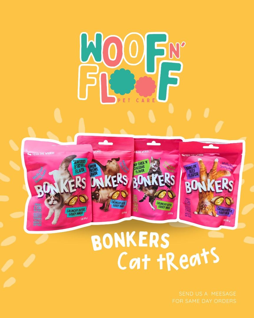Bonkers Dog Zoomers Soft & Chewy Dog Treats and Bonkers Cat Treats (Category: Pet Food) located in Quezon City. Submitted by woofnfloofph (Listing ID 1376040970, Image 2). Description: Chicken Chomps: - PHP435 Dog Sticks Smoky Bacon: - PHP 435 Zoomers BBQ Beef: - PHP 435 Dog Bites Beef Lovers: - PHP435 Bonkers Cat Pillows: - PHP 395 ____ Bonkers Dog Bites Chicken Chomps Flavored Crunchy Dog Treats have a crunchy outer layer and irresistibly gooey