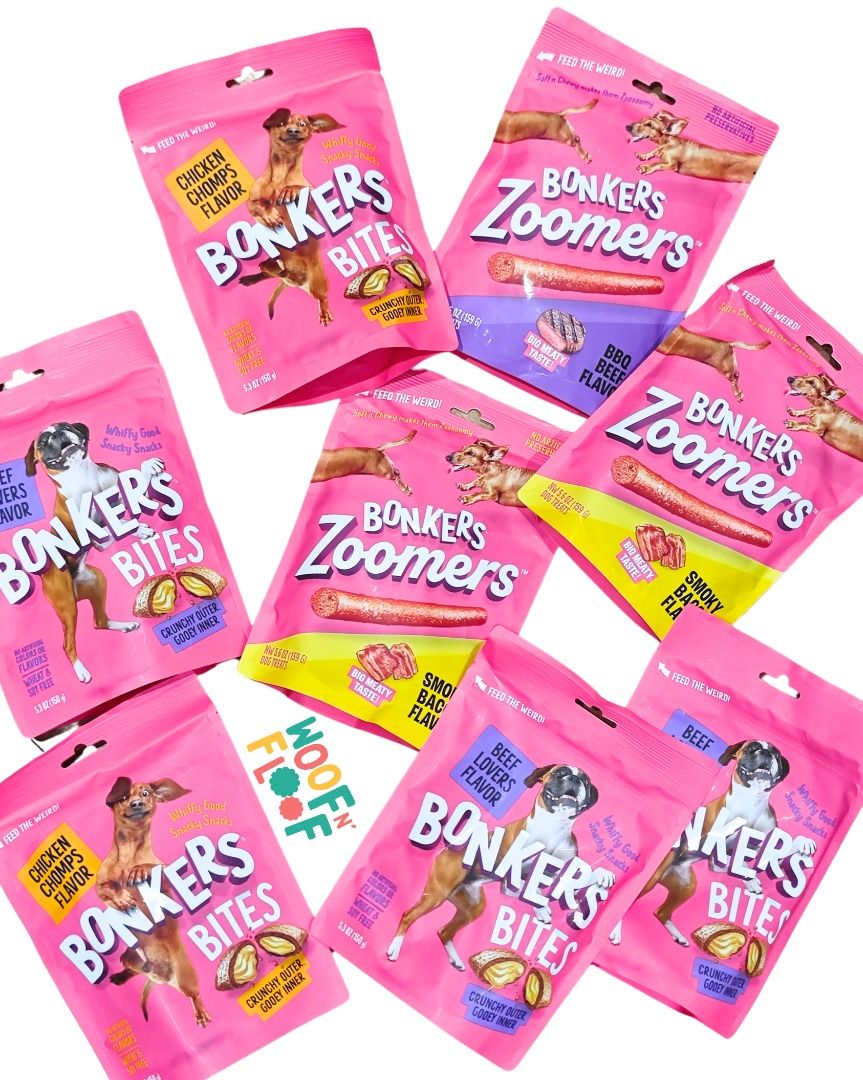 Bonkers Dog Zoomers Soft & Chewy Dog Treats and Bonkers Cat Treats (Category: Pet Food) located in Quezon City. Submitted by woofnfloofph (Listing ID 1376040970, Image 3). Description: Chicken Chomps: - PHP435 Dog Sticks Smoky Bacon: - PHP 435 Zoomers BBQ Beef: - PHP 435 Dog Bites Beef Lovers: - PHP435 Bonkers Cat Pillows: - PHP 395 ____ Bonkers Dog Bites Chicken Chomps Flavored Crunchy Dog Treats have a crunchy outer layer and irresistibly gooey