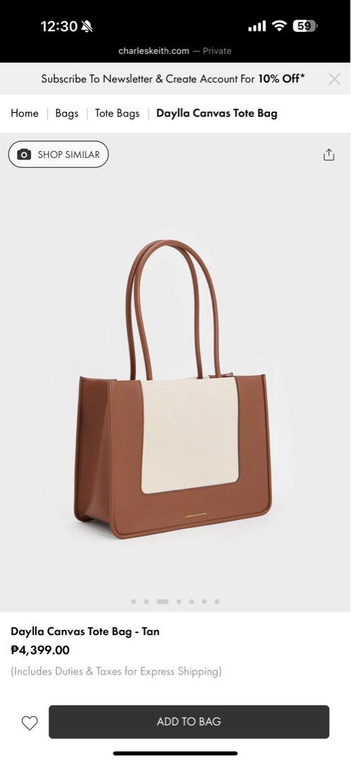 Charles & Keith Daylla Canvas Tote Bag (Category: Tote Bags) located in Marikina City. Submitted by mhattsdeclutter (Listing ID 1376197949, Image 3). Description: Brand new Number of bag strap: 1 Inner compartment: 1 Inner Fold + Zip Compartment Handle drop length: 25 cm Non-Detachable Strap Non-Adjustable Strap Type of closure: Zip Strap drop length: 25 cm Strap length: 59 cm Weight: 628 g Width: 32 cm Depth: 13 cm Height: 24 cm For reference: c