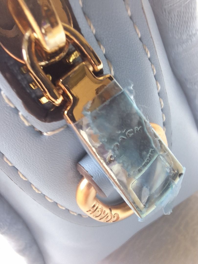 COACH Sky Blue 2-Way Bag (CLASS A) (Category: Luxury Bags & Wallets) located in Malaybalay. Submitted by mags_sofia (Listing ID 1376066287, Image 3). Description: Dimensions: Material: - leather w/ clothed polyster pattern for exterior and polyester for whole interior - shiny golden brass tone hardware Compartment: - main compartment has 1 zipped pocket on one side and 2 slot pockets on the other - 2 front pockets and 1 back pocket Signs of Wear 