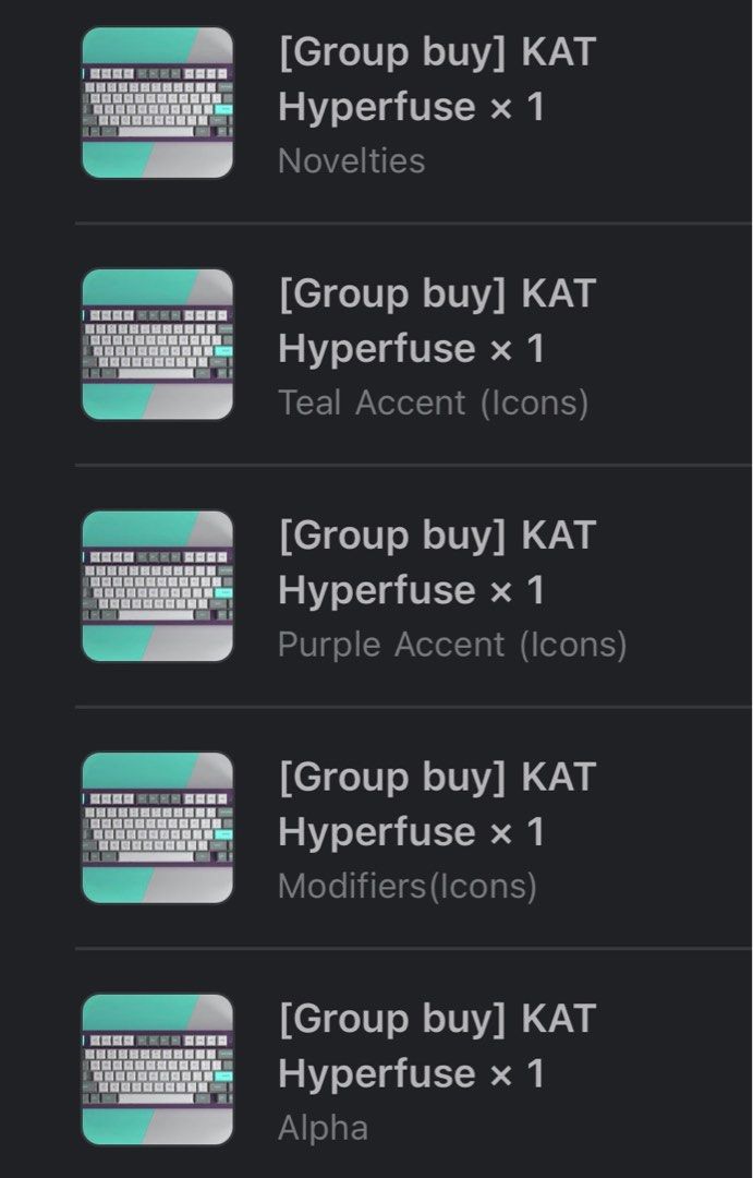 KAT Hyperfuse Keycaps with Add Ons (Category: Computer Keyboard) located in Singapore. Submitted by wssyyy (Listing ID 1376061845, Image 3). Description: Genuine KAT Hyperfuse keycaps set bought for over $200 from zfrontier during the groupbuy stage. Includes alphas, icon modifiers, purple icon accents, teal icon accents, and novelties (see the pictures for what it includes). Same colourway as GMK Hyperfuse but made of PBT and is in KAT profile w