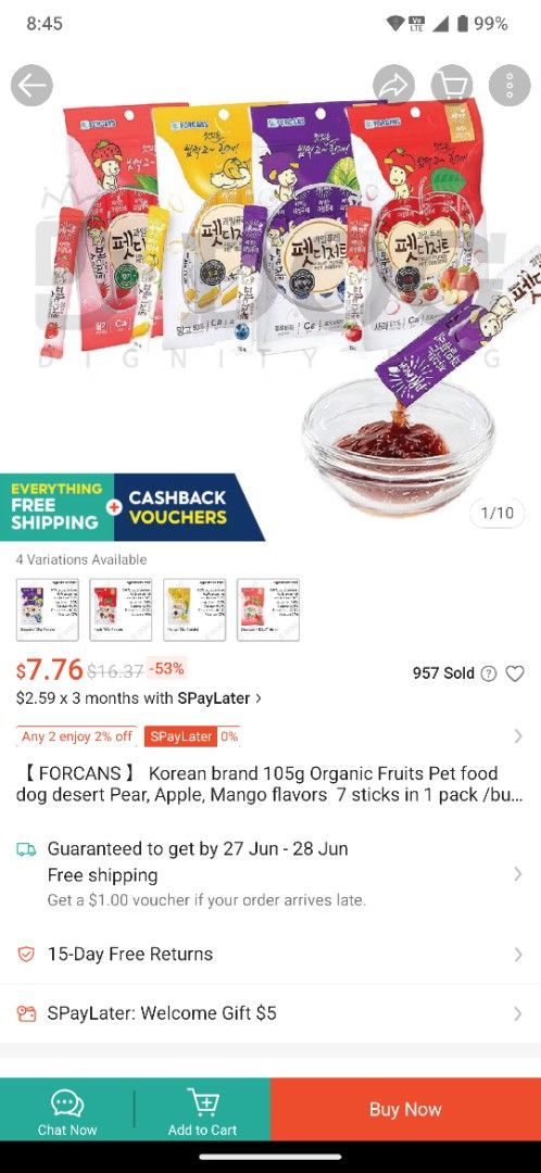 7+1 sticks for $8. FORCANS Korean brand 105g Organic Fruits Pet food dog desert. Mango (7pcs) & Apple (1pc). (Category: Pet Food) located in Singapore. Submitted by postalcode531008 (Listing ID 1376026061, Image 3). Description: Mango - 7 sticks in a bag unopen. Apple - 1 stick. My senior dog passed away before he can finish these dog treats. Self collect at BLK 8 LORONG LEW LIAN, SG 531008..