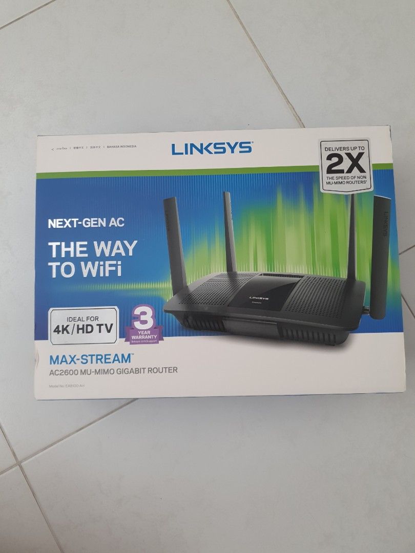 Linksys AC2600 Next-Gen AC WiFi Router (Category: Networking) located in Singapore. Submitted by vhodde (Listing ID 1376060537, Image 2). Description: Selling a Linksys AC2600 Next-Gen AC WiFi Router. It's in great condition and comes with the original box and power adapter. This router is perfect for streaming 4K/HD TV and provides a strong and reliable WiFi signal. It's been lightly used and works perfectly. Great for anyone looking to upgrade 