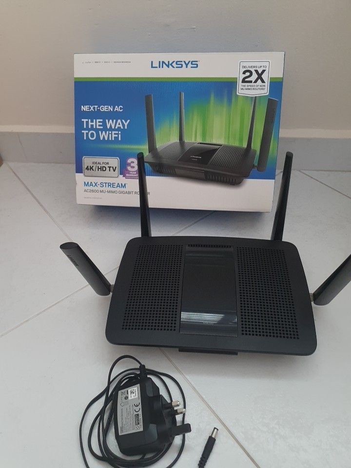 Linksys AC2600 Next-Gen AC WiFi Router (Category: Networking) located in Singapore. Submitted by vhodde (Listing ID 1376060537, Image 1). Description: Selling a Linksys AC2600 Next-Gen AC WiFi Router. It's in great condition and comes with the original box and power adapter. This router is perfect for streaming 4K/HD TV and provides a strong and reliable WiFi signal. It's been lightly used and works perfectly. Great for anyone looking to upgrade 