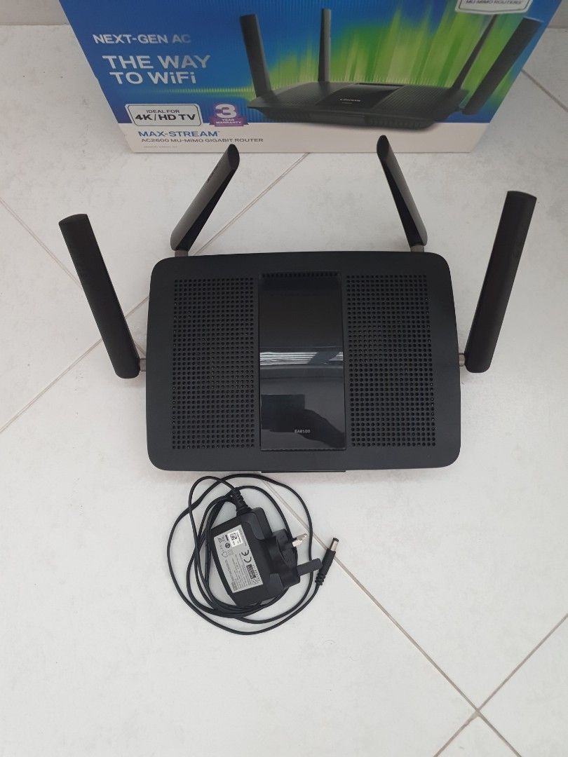 Linksys AC2600 Next-Gen AC WiFi Router (Category: Networking) located in Singapore. Submitted by vhodde (Listing ID 1376060537, Image 3). Description: Selling a Linksys AC2600 Next-Gen AC WiFi Router. It's in great condition and comes with the original box and power adapter. This router is perfect for streaming 4K/HD TV and provides a strong and reliable WiFi signal. It's been lightly used and works perfectly. Great for anyone looking to upgrade 