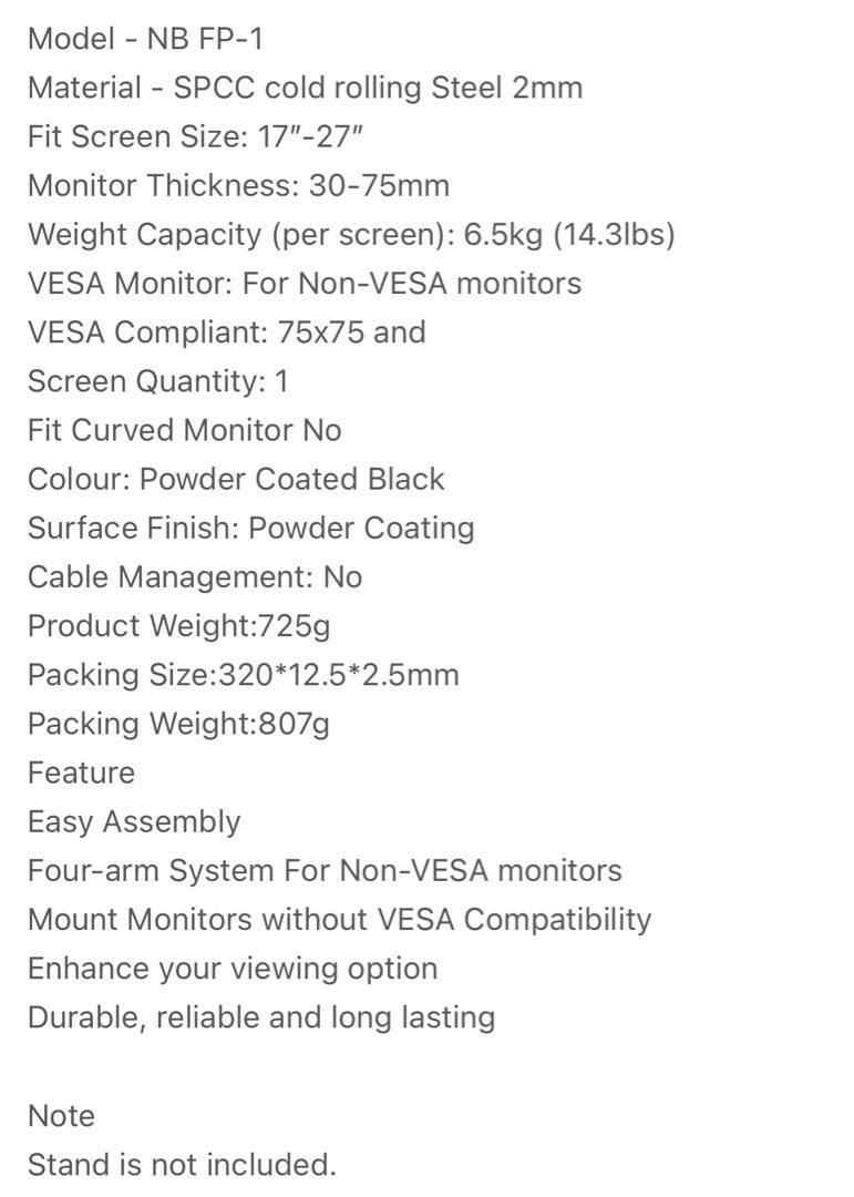 Monitor VESA Adaptor for Monitor without VESA - NB North Bayou FP-1 (17 to 27 inch)62863059665923111