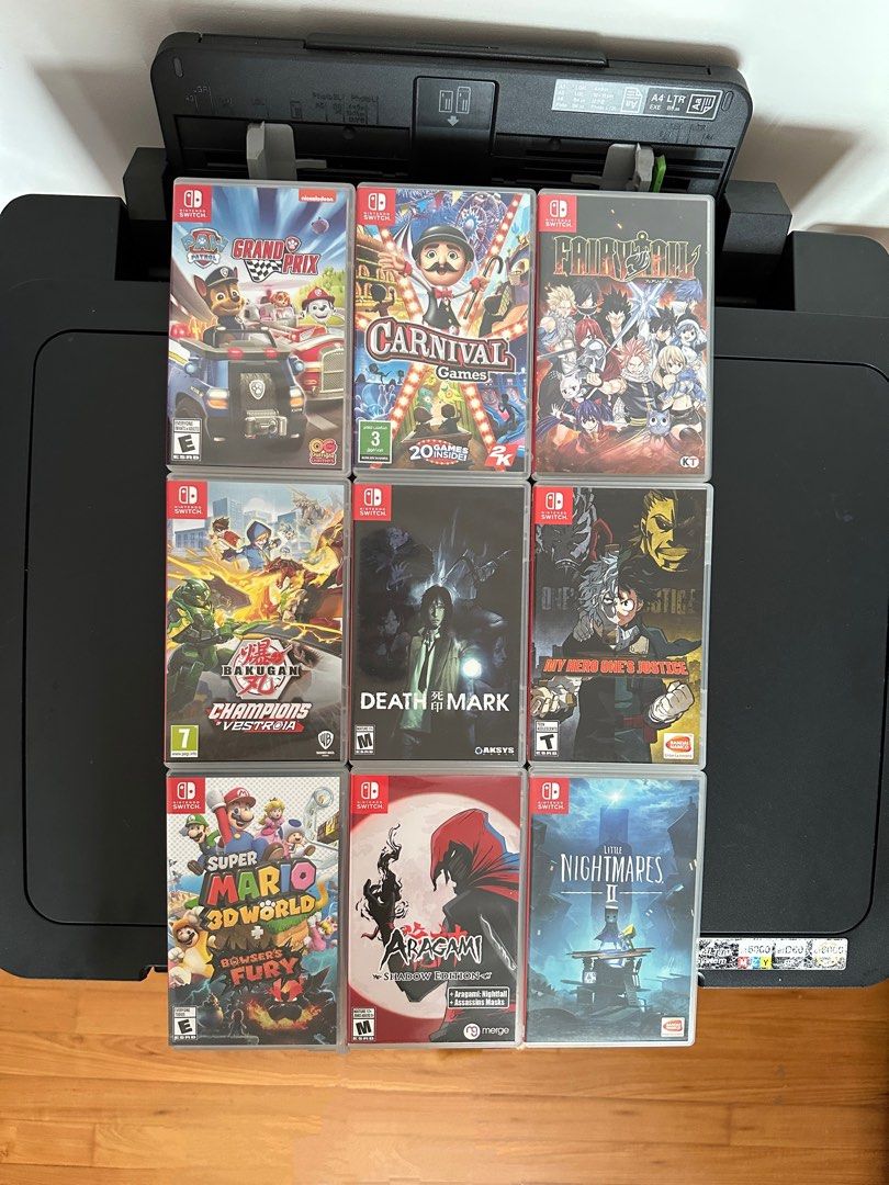 Nintendo Switch game  Grand Prix Paw Patrol / Carnival games / Fairytail  / Bakugan / Death mark / My hero one’s justice / Super Mario 3D world / Aragami / Little nightmares 262853058972930111