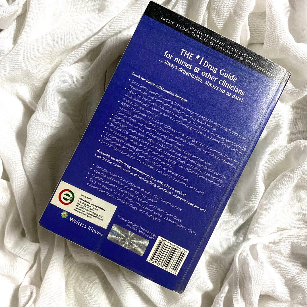 Nursing Drug Handbook 2022 Original (Category: Textbooks) located in Manila. Submitted by roche.ph (Listing ID 1376125592, Image 2). Description: Get this book for only 900 pesos Almost good as new. In good condition W/ cover .But can remove it if you want. bought this for 2k plus rfs: need funds for school.
