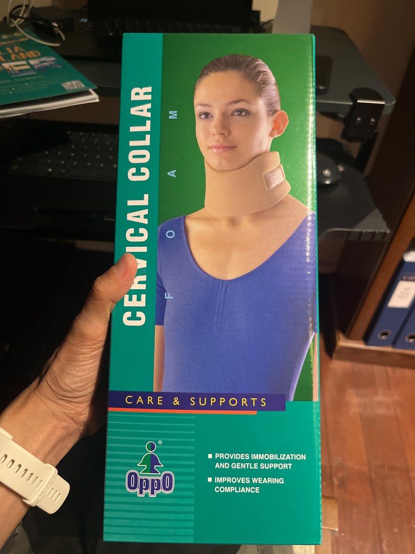 OppO Cervical Collar - Medium (Category: Braces, Support & Protection) located in Singapore. Submitted by passioneverso (Listing ID 1376111740, Image 1). Description: OppO brand cervical collar, size Medium. Provides immobilization and gentle support. Improves wearing compliance. The collar is beige and comes in its original packaging..