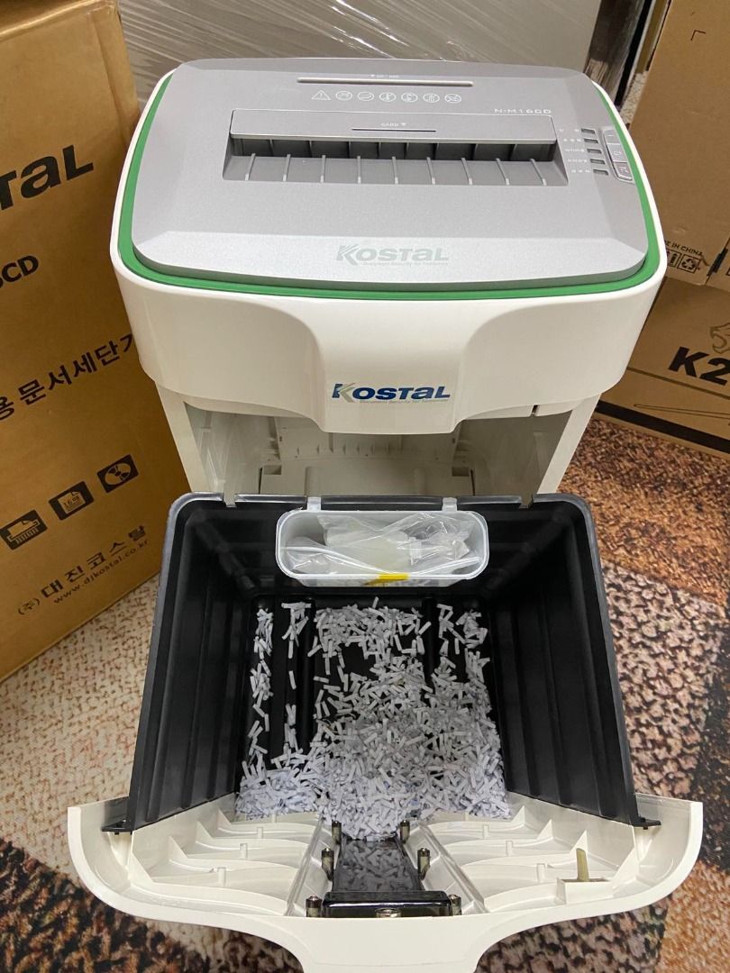 PAPER SHREDDER (Category: Office & Business Technology) located in Quezon City. Submitted by rosegentech (Listing ID 1376112206, Image 3). Description: Brand: Daejin Kostal Model: N-M16CD • Shredding Capacity: 16 sheets (A4,70g) • Shred Speed: 2-3 seconds • Security Level: P4-Cross Cut 4x20 • Throat Length: 230 (mm) • Basket Volume: 30 Liters • Width, Depth, Height: 372 x 322 x 600 (mm) • Weight: 12.3 kg • Paper Sensing Mode: Auto Start, Auto Sto