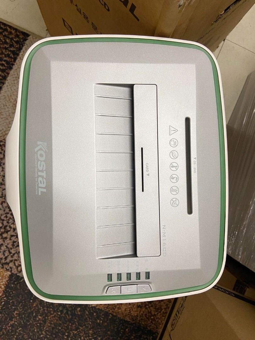 PAPER SHREDDER (Category: Office & Business Technology) located in Quezon City. Submitted by rosegentech (Listing ID 1376112206, Image 2). Description: Brand: Daejin Kostal Model: N-M16CD • Shredding Capacity: 16 sheets (A4,70g) • Shred Speed: 2-3 seconds • Security Level: P4-Cross Cut 4x20 • Throat Length: 230 (mm) • Basket Volume: 30 Liters • Width, Depth, Height: 372 x 322 x 600 (mm) • Weight: 12.3 kg • Paper Sensing Mode: Auto Start, Auto Sto