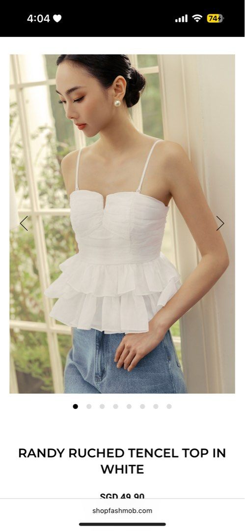 Randy Ruched Tencel Top in White (Category: Sleeveless) located in Singapore. Submitted by gnxsh (Listing ID 1376105284, Image 1). Description: Beautiful white tencel top with ruched details at front and back. Features a V-neckline, adjustable straps, and a double tiered peplum flare at the waist. Concealed back zip and non-detachable bandeau padding at chest. Fabric is not stretchable. Measurements are in the listing..