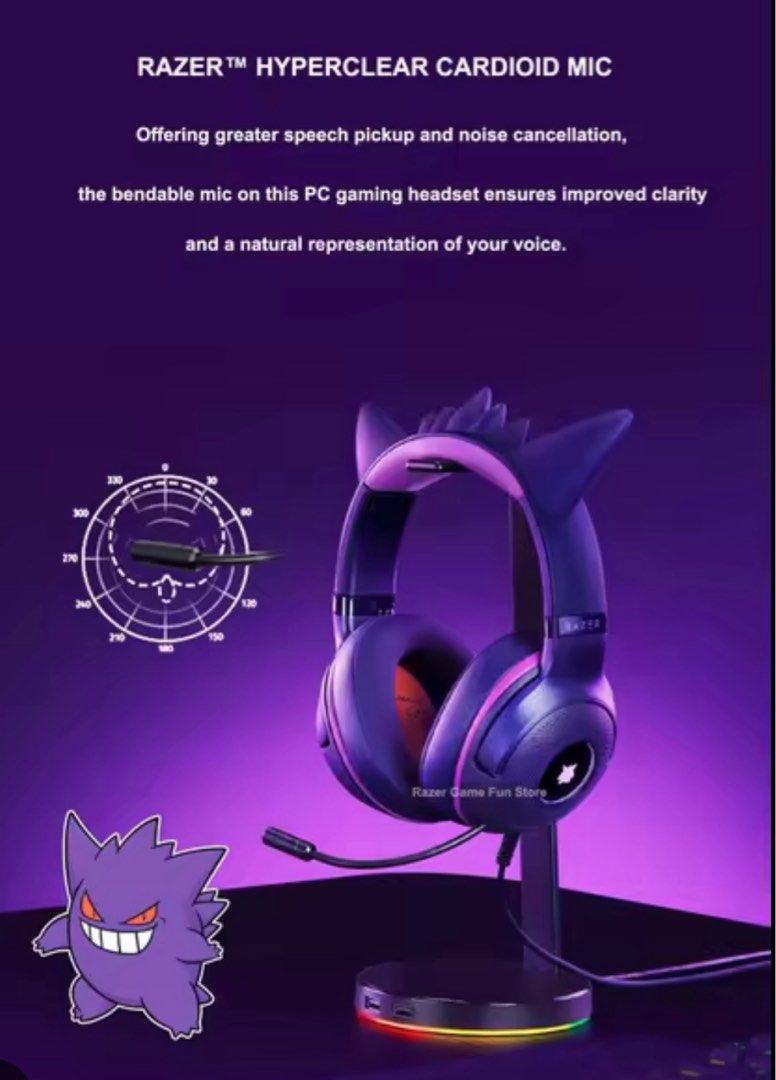 Razer Pokemon Gengar Gaming Headphones (Category: Earphones) located in Singapore. Submitted by kirilla (Listing ID 1376043953, Image 1). Description: China only release! barely used comes with original box and everything .
