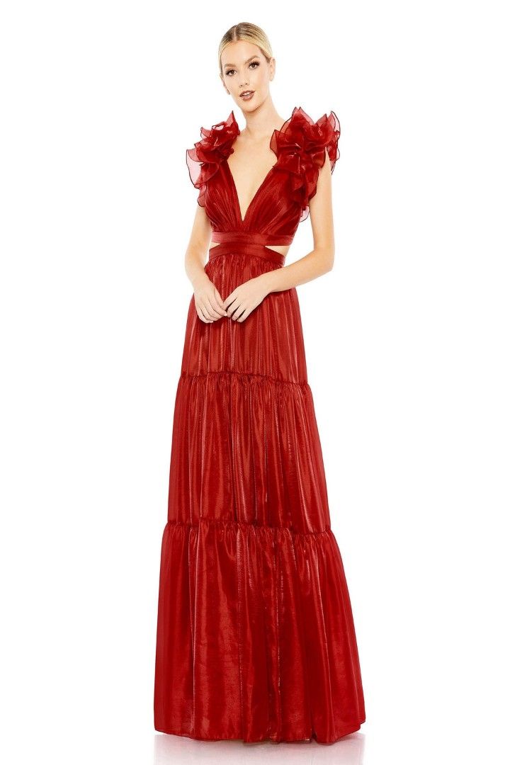 Ruffle Cut Out Deep Red Gown (Category: Dresses) located in Makati City. Submitted by corglee (Listing ID 1376208196, Image 1). Description: Brand new w tag Brand: Angel Biba Size : S Color: Deep Red Bust 34-36 in Waist 26-28 in Length: 54 in P1880 IG: LuxeManilaHub.