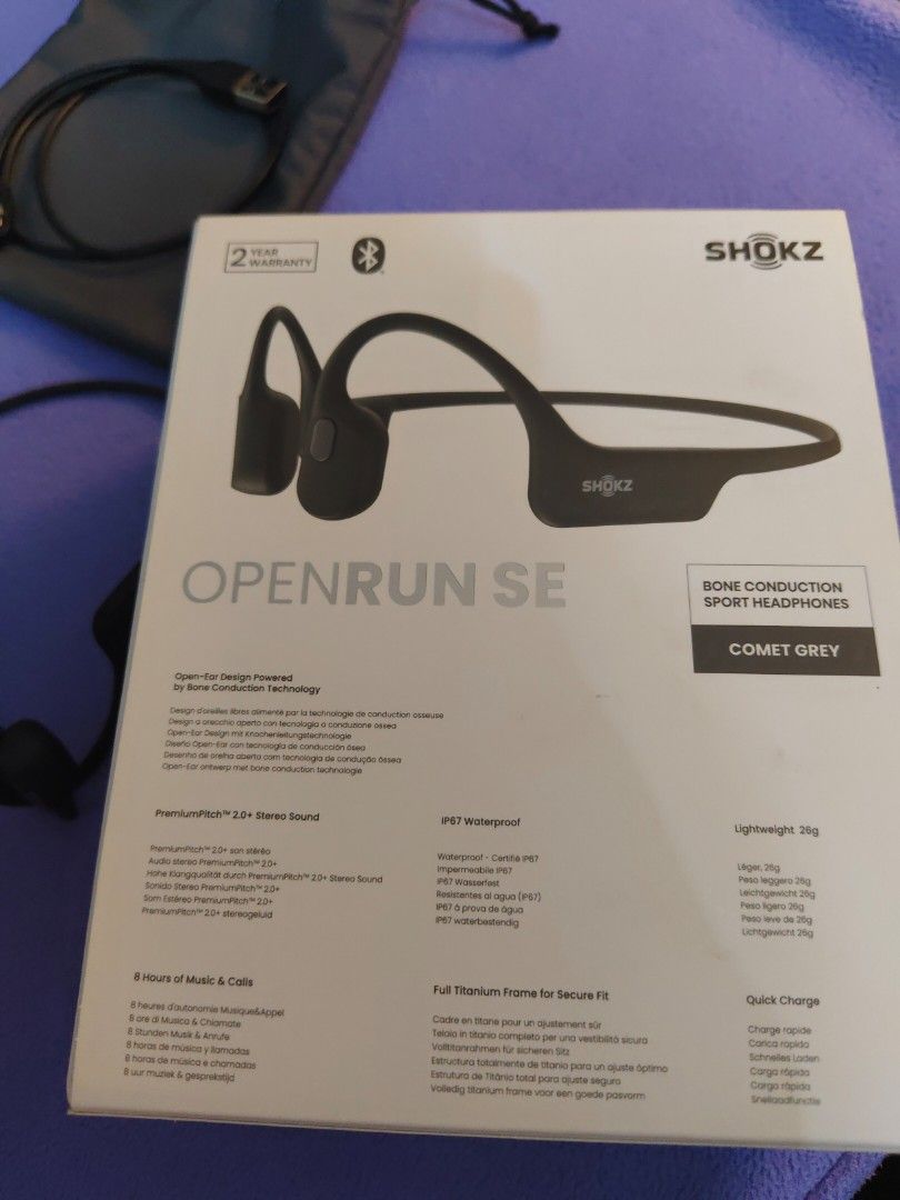 Shokz Bone Conduction Headphones (Category: Earphones) located in Pasig City. Submitted by janelchoo (Listing ID 1376184848, Image 2). Description: Used 2x, just not fit for my lifestyle. Bought in the US, April 2025. No issues. Complete with box, charger, pouch and free hard case. Negotiable..