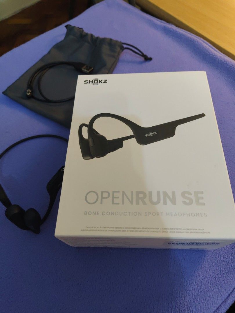 Shokz Bone Conduction Headphones (Category: Earphones) located in Pasig City. Submitted by janelchoo (Listing ID 1376184848, Image 1). Description: Used 2x, just not fit for my lifestyle. Bought in the US, April 2025. No issues. Complete with box, charger, pouch and free hard case. Negotiable..