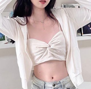 STRADIVARIUS 杏色度假風亞麻短吊帶抹胸內搭外穿背心white girl adult top sleeveless64244470588931110