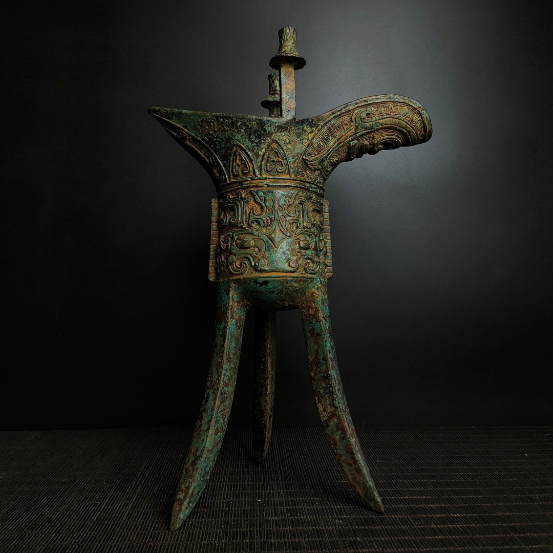 青銅　爵杯 仿古青銅爵杯國風擺件漢婚道具帝王杯合金鳳紋酒杯裝飾