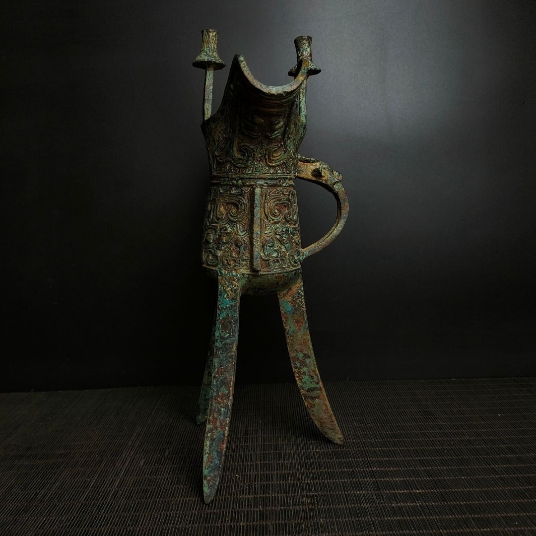 青銅　爵杯 仿古青銅爵杯國風擺件漢婚道具帝王杯合金鳳紋酒杯裝飾