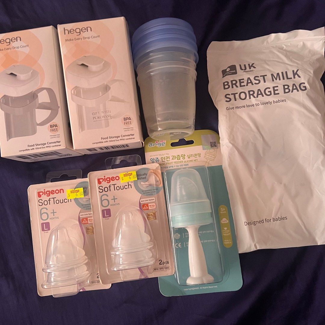 Baby feeding items / storage bags / teats (Category: Weaning & Toddler Feeding) located in Singapore. Submitted by jgrace.a (Listing ID 1376384690, Image 2). Description: Hegen food storage converter - $16 each RTP $23 Avent storage cups - 3 for $5 Pigeon soft touch L size teats 6m+ - $6 each Ange Fruit Feeder - $12 Scoornest breastmilk storage bags - $5.