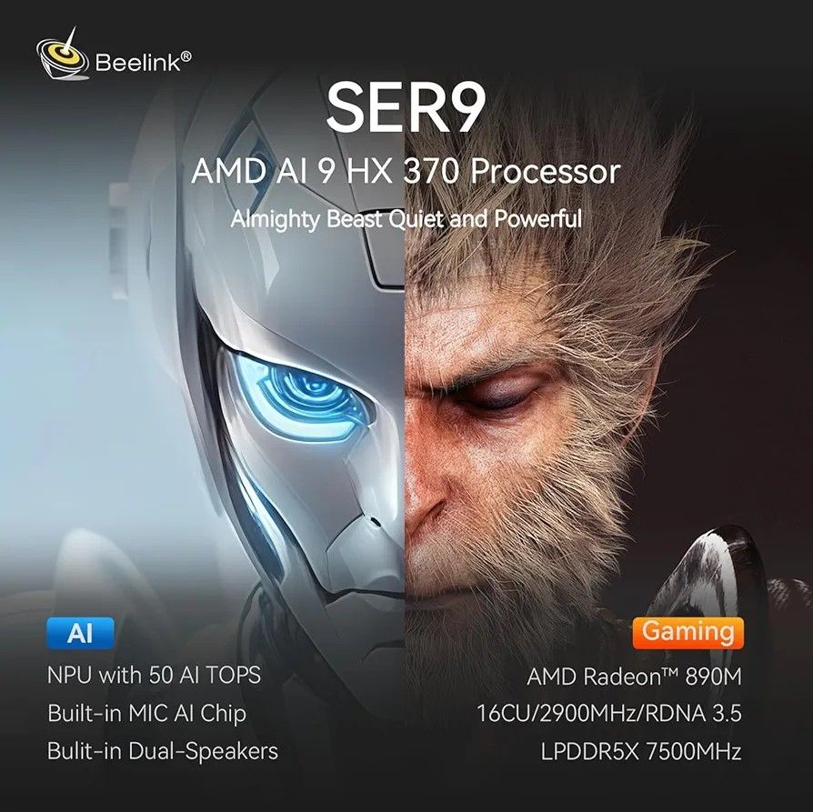 Beelink SER9 Mini PC, AMD Ryzen 9 AI HX 370 (Category: Desktops) located in Singapore. Submitted by toopyloopy (Listing ID 1376298166, Image 2). Description: Beelink SER9 Mini PC, AMD Ryzen 9 AI HX 370 (12C/24T up to 5.1GHz), 32GB LPDDR5X 1TB PCIe4.0 SSD Mini Gaming PC, 4K Triple Display,HDMI/DP/USB4.0, 2.5G LAN/WiFi 6/BT5.2 Comes with Full Set condition: 9.5/10 .