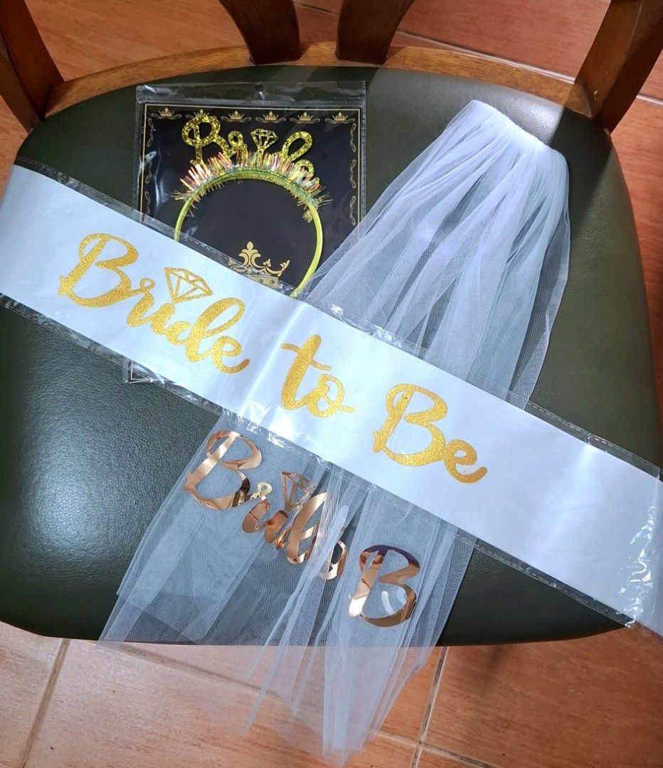 Bridal Theme Decoration/Kit for Bachelorette Party (Category: Other Accessories) located in Pasig City. Submitted by YOUnique (Listing ID 1376302462, Image 1). Description: USED ONCE. -HAIR BAND -SASH -VEIL Delivery thru Grab/Lalamove.