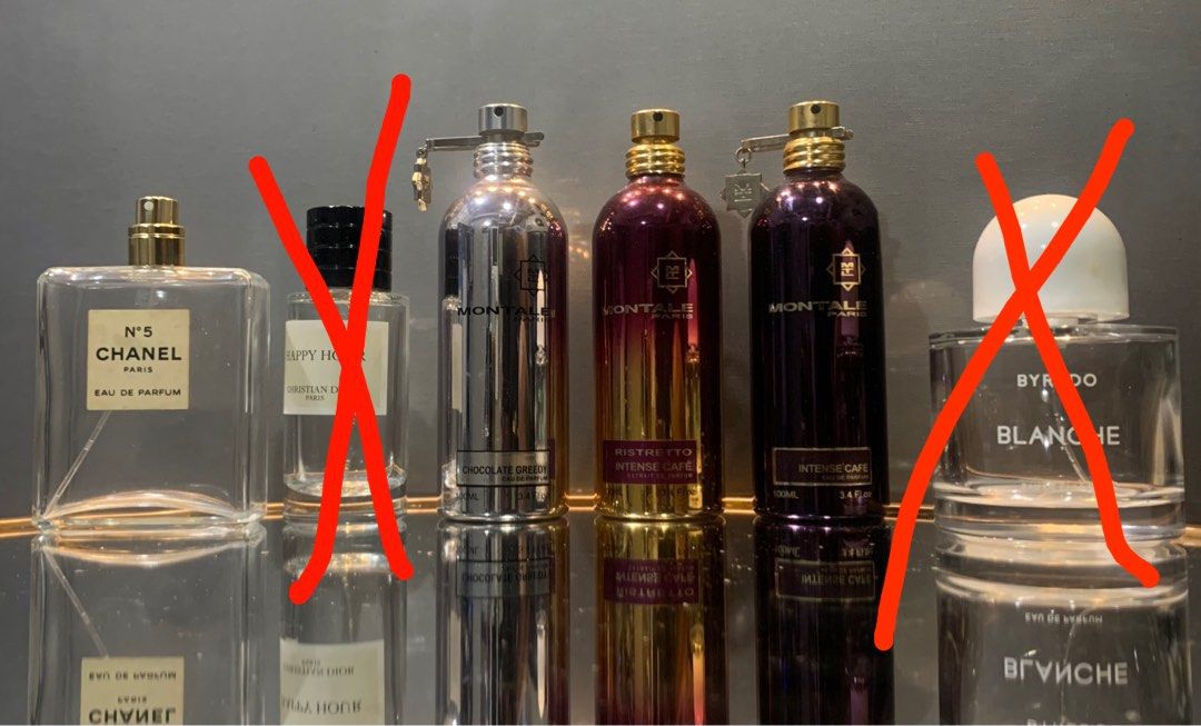 Empty Perfume Bottles (Category: Fragrance & Deodorants) located in Caloocan City. Submitted by djcee (Listing ID 1324363746, Image 1). Description: ✅Available-Montale Canister (No box) - P350 each ✅Available-Chanel No 5 (No cap, No box) - P280 ❌Sold-Dior Happy Hour 40ml (W/box) - P320 ❌Sold-Byredo Blanche Limited Edition (w/box) -P500.