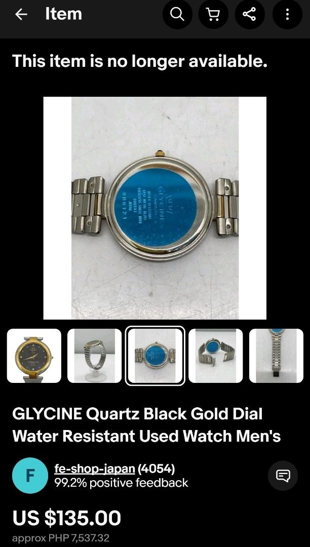 Glycine Swiss quartz (Category: Men's Watches) located in Bacolod City. Submitted by valuabletime79 (Listing ID 1376360302, Image 3). Description: The Glycine Swiss Quartz has a gold bezel, a black dial, and a silver band. It features four diamond markers and gold hands. The watch is a vintage model. All original.