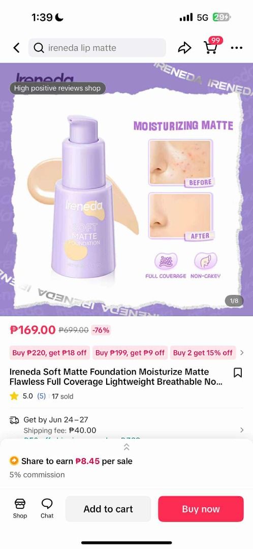 IRENEDA Soft Matte Foundation (Category: Makeup) located in Paranaque City. Submitted by genxie_ (Listing ID 1376250213, Image 2). Description: 📍 Shade: WP05 (3 pcs available) 💸 Original Price: ₱169 EACH 🛍️ Sale Price: ₱90 each or ₱300 for all 3! Achieve a flawless, airbrushed look with the Ireneda Soft Matte Foundation — your go-to base for everyday wear or full glam! 💖 Shade WP05 – Ideal for warm, light to medium skin tones ✨ Soft matte fin