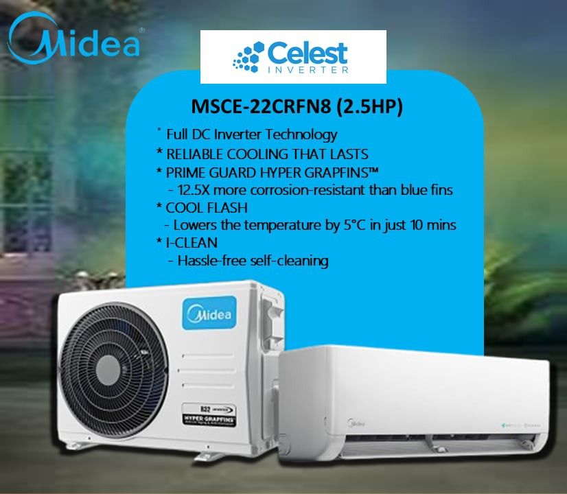 MIDEA MSCE-22CRFN8 2.5HP Full DC Celest Inverter Split Type Aircon (Category: Air Conditioning and Heating) located in Quezon City. Submitted by jhenjhenag71834 (Listing ID 1376309518, Image 1). Description: MIDEA MSCE-22CRFN8 2.5HP Celest Pro Inverter Split Type Aircon Indoor Model Code: MSCE-22CRFN8-ID Outdoor Model Code: MSCE-22CRFN8-0D * Full DC Inverter Technology * RELIABLE COOLING THAT LASTS * PRIME GUARD HYPER GRAPFINS™ - 12.5X more corro