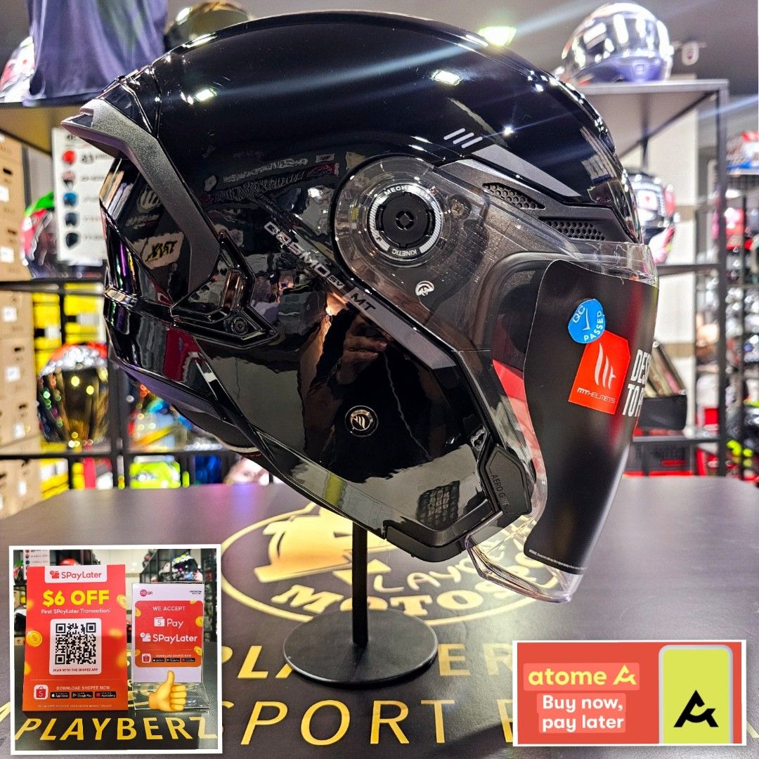 MT COSMO GLOSS BLACK HELMET (Category: Motorcycle Apparel) located in Singapore. Submitted by playberzmotosport (Listing ID 1374535189, Image 1). Description: LATEST ARRIVAL.. 🔥🔥!! MT COSMO GLOSS BLACK HELMET..!! (FREE BACK SPOILER..!!) *PSB APPROVED.. 😊👍 *BUILD IN SUN VISOR.. 😎👍!! AVAILABLE NOW @PLAYBERZ MOTOSPORT..!! *DROP BY OUR SHOWROOM FOR VIEWING OR TRYING OF SIZES.. 😊👍👍!! *ADD: TOH GUAN CENTRE #06-11 (S608609) *TIME: OPEN DAILY.. 
