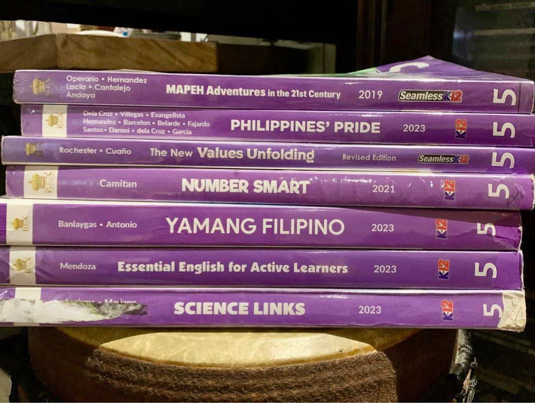 REX Worktext Books Grade 5 (Category: Textbooks) located in Manila. Submitted by edi-eni (Listing ID 1376339755, Image 1). Description: Mapeh Adventures 2019 - 1-2 pages lang may sulat. P200 Philippines Pride 2023 - 3-4 pages may sulat. P200 New Values Unfolding - Less than 10 pages may sulat. P200 Number Smart, Yamang Filipino, Essential English, Science Links —- Well used. 40% of the book may sulat na. P100 each.