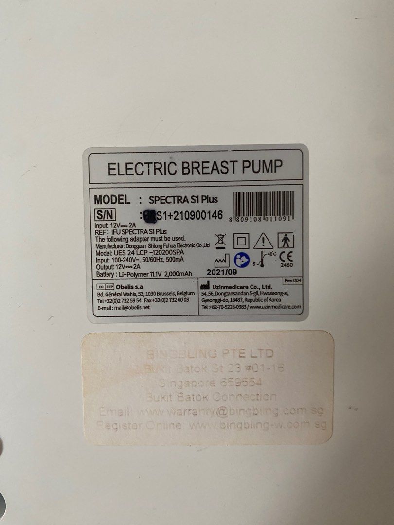 Spectra S1+ Electric Breast Pump (Category: Breastfeeding & Bottle Feeding) located in Singapore. Submitted by nutsandbolts (Listing ID 1376420318, Image 2). Description: Spectra S1+ Electric Breast Pump. Pump only without box. Made in Korea. Weight: 1.3kg. I have 3 sets, selling at $50 each See the photos for the details of the individual specs and the manufacturing month. In order of the photos appearance: [SOLD] First set is the one I use at h